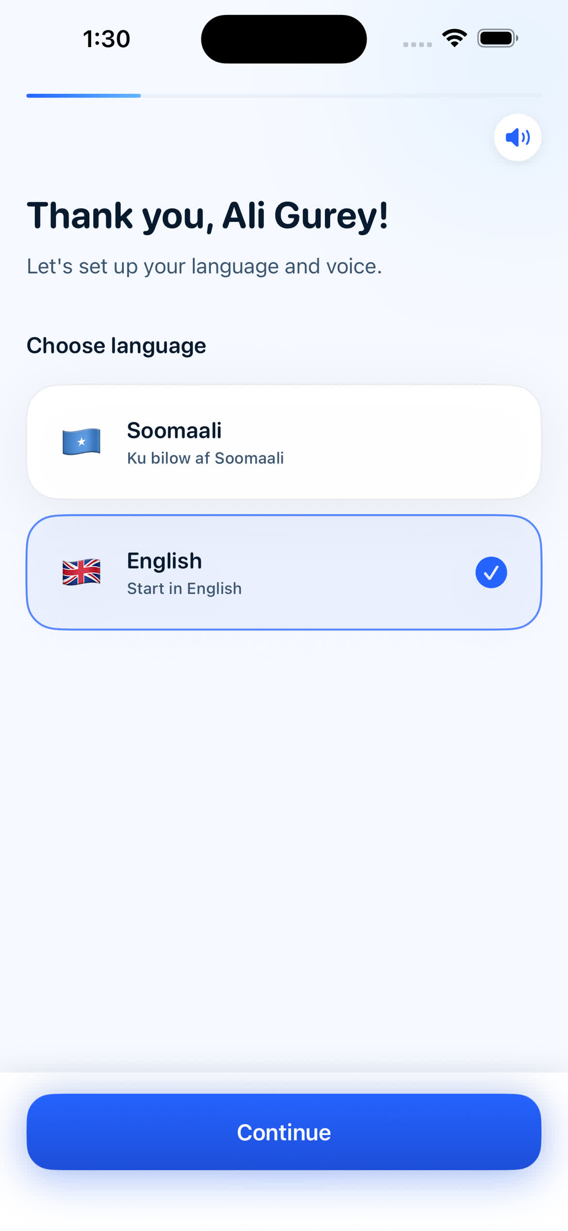 Language selection screen